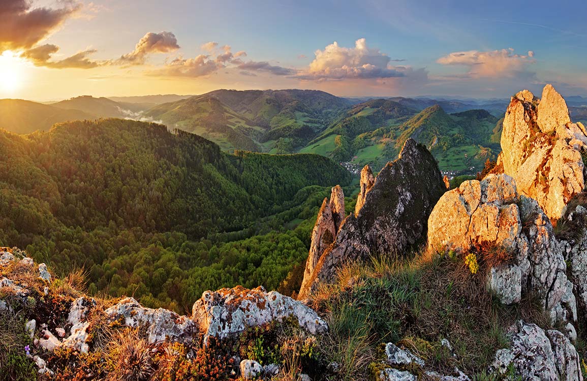 Sunlit Mountain Vista Landscape Mural Wallpaper in Vibrant Natural Colours