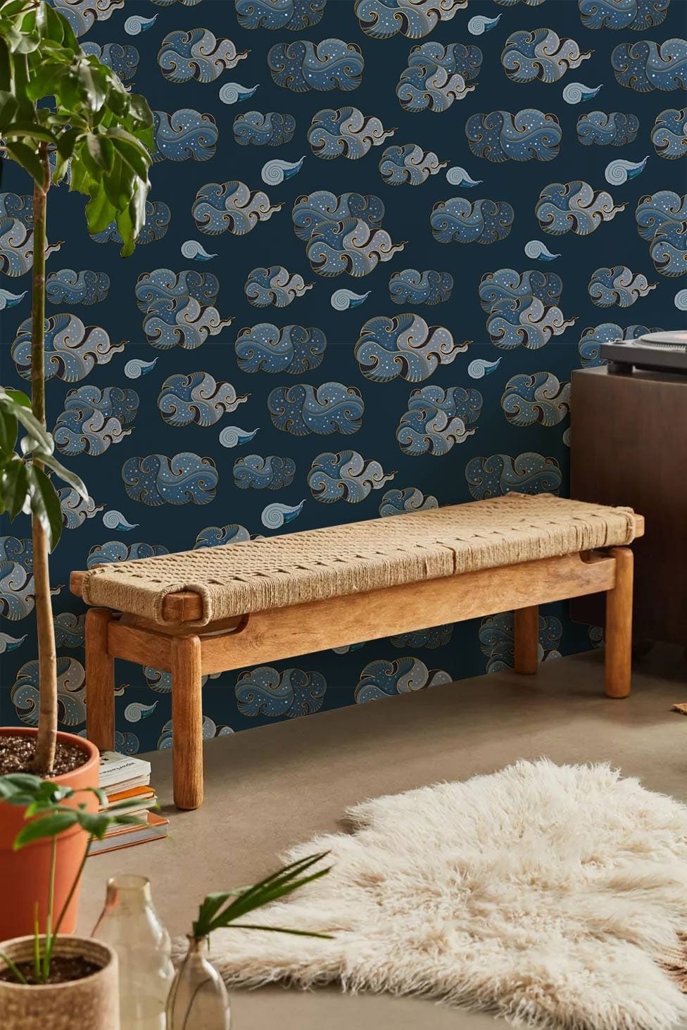 Elegant Blue Cloud Wallpaper in vintage design, wooden bench, fluffy rug, cream flooring, plant decor.