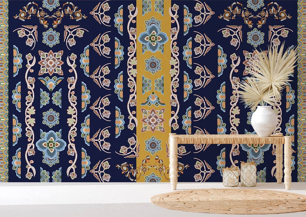 Oriental Elegance navy and gold floral wallpaper, light wood table, textured rug, minimalist vase decor.