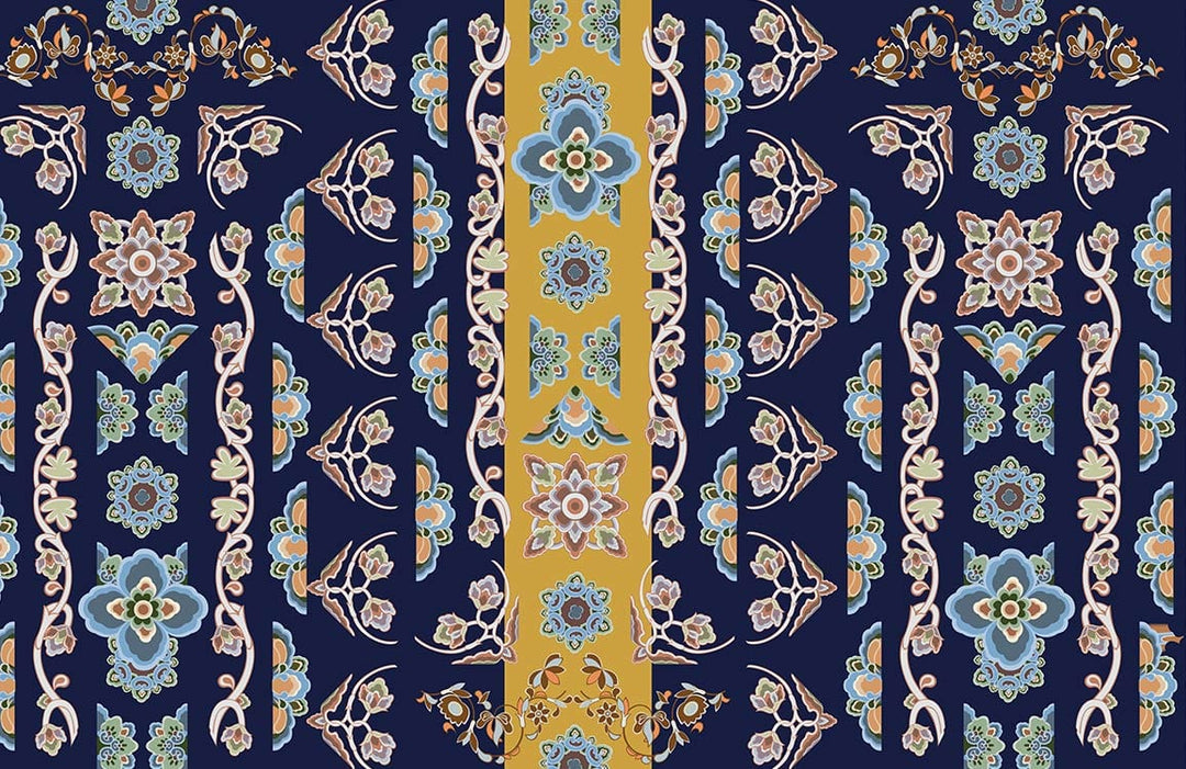 Oriental Elegance: Navy and Gold Floral Pattern Wallpaper Design
