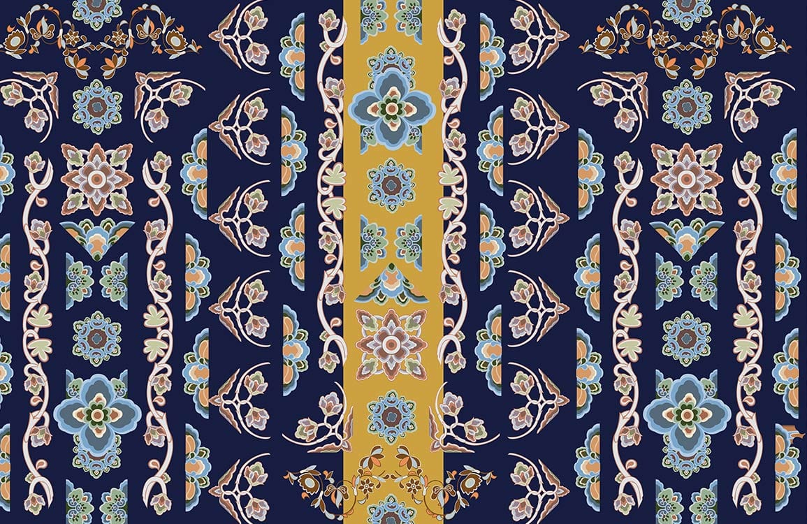 Oriental Elegance: Navy and Gold Floral Pattern Wallpaper Design