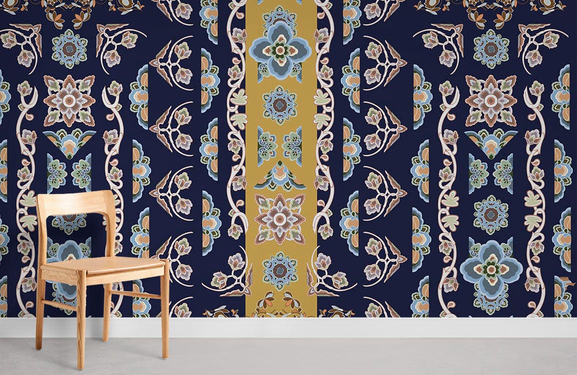Oriental Elegance: Navy and Gold Floral Wallpaper, wooden chair, grey flooring, room decor inspiration.