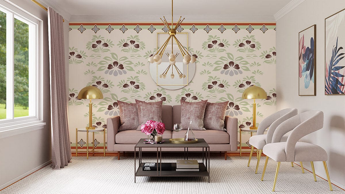 Vintage Floral Elegance Wallpaper in cream and green, beige sofa, modern chairs, and gold accents.