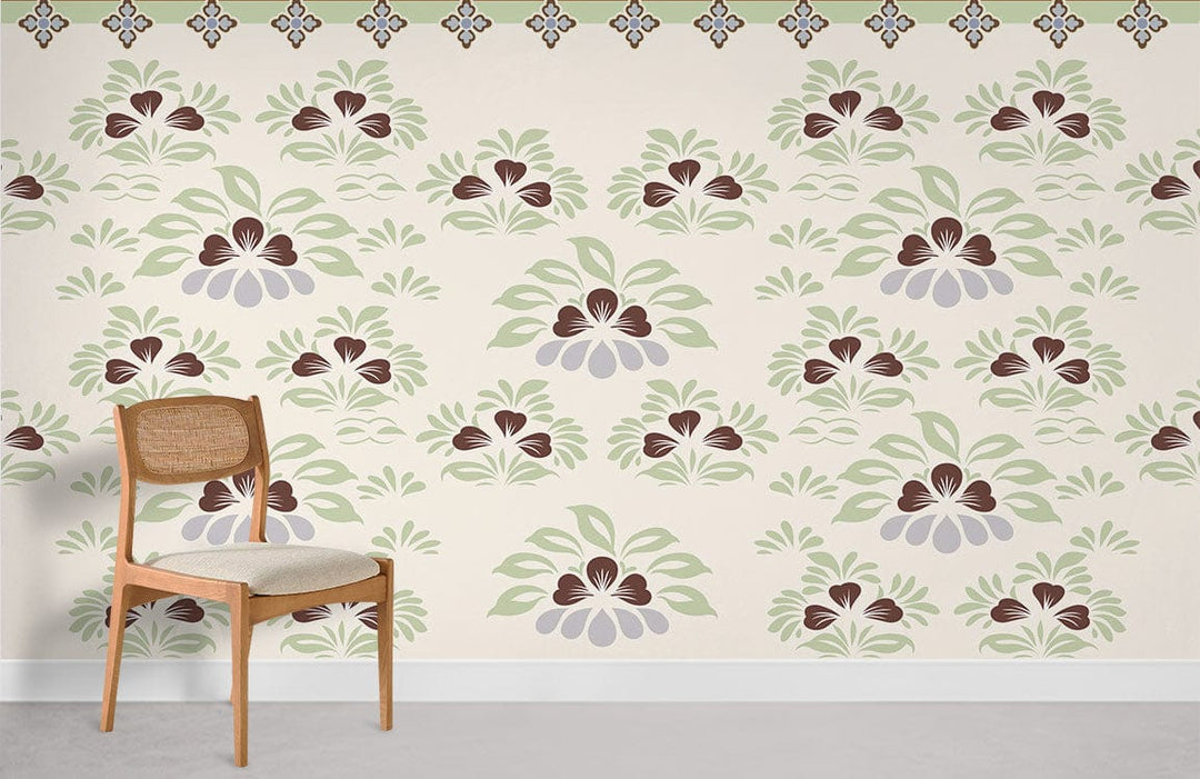 Vintage Floral Elegance Mural Wallpaper in cream, green; wooden chair in a stylish room setting.