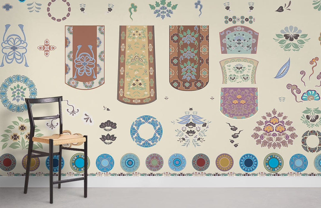 Vintage Floral Oriental Motif Wallpaper features multicoloured design, accented by a wooden chair, grey flooring.