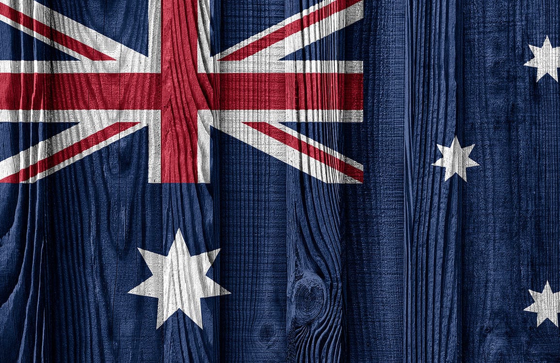 Rustic Australian Flag Patterned Wallpaper with Blue Wooden Texture