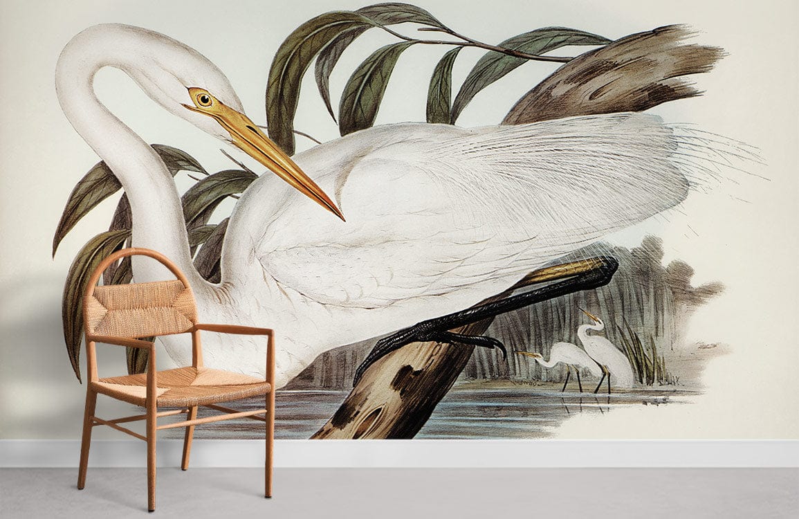 Elegant Heron Vintage Nature Mural Wallpaper with chair, soft earth tones, artistic Décor in room.