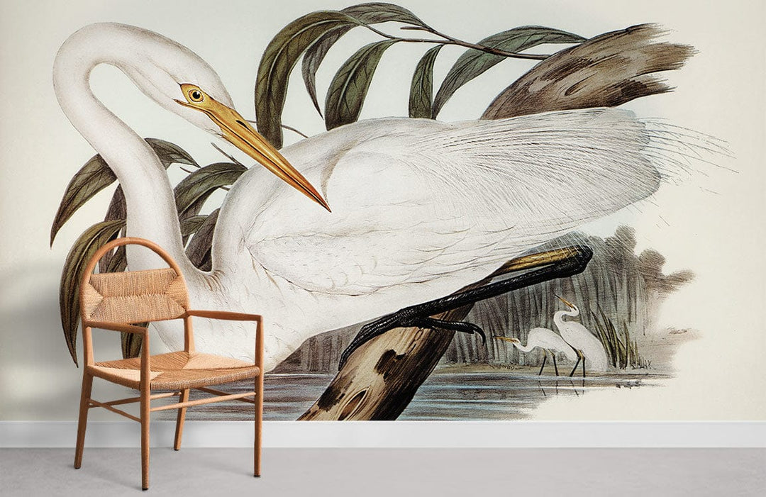 Elegant Heron Vintage Nature Mural Wallpaper with chair, soft earth tones, artistic Décor in room.