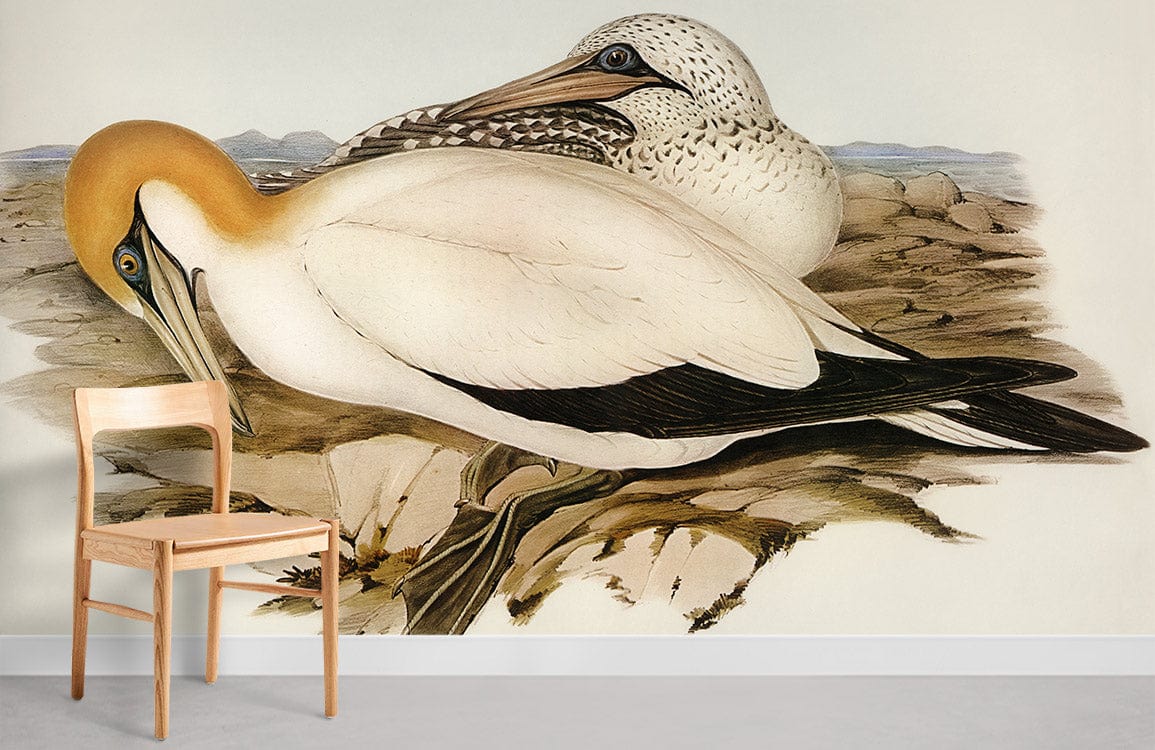 Vintage Coastal Birds wallpaper in pastel hues, wooden chair, soft-toned wall, living room Décor inspiration.