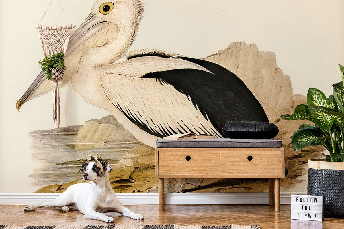 Vintage pelican wallpaper with natural tones, wooden sideboard, dog, light wood flooring, greenery.