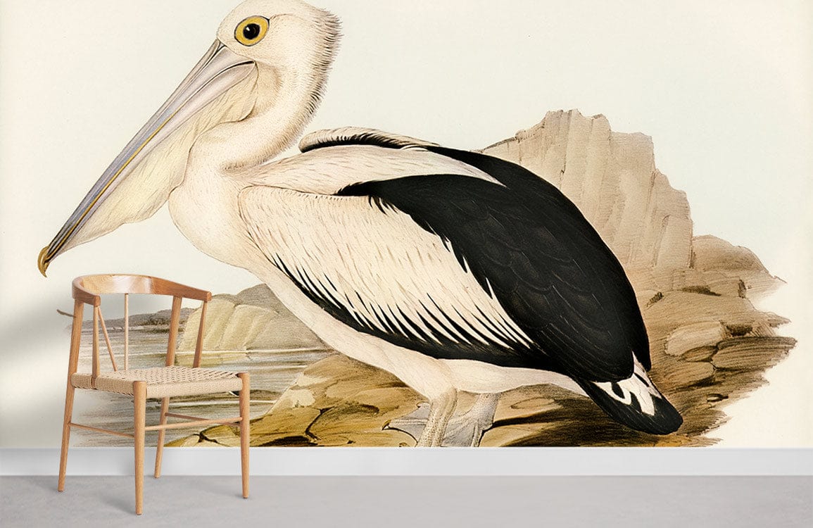 Vintage Coastal Pelican Wallpaper, natural tones, modern chair, neutral flooring, beach design wall mural.