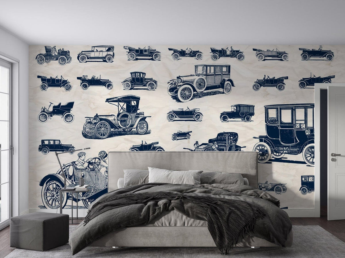 Vintage Classic Cars Navy Blue Retro Pattern Wallpaper Mural, modern bedroom with grey bed, hardwood flooring.