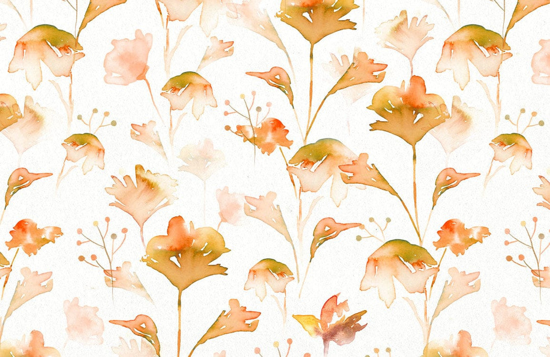 Autumnal Floral Watercolour Wallpaper: Soft Orange and Green Botanical Pattern