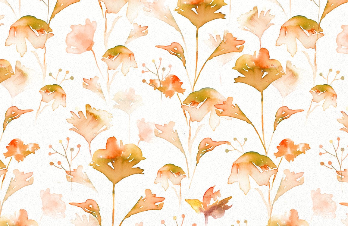 Autumnal Floral Watercolour Wallpaper: Soft Orange and Green Botanical Pattern