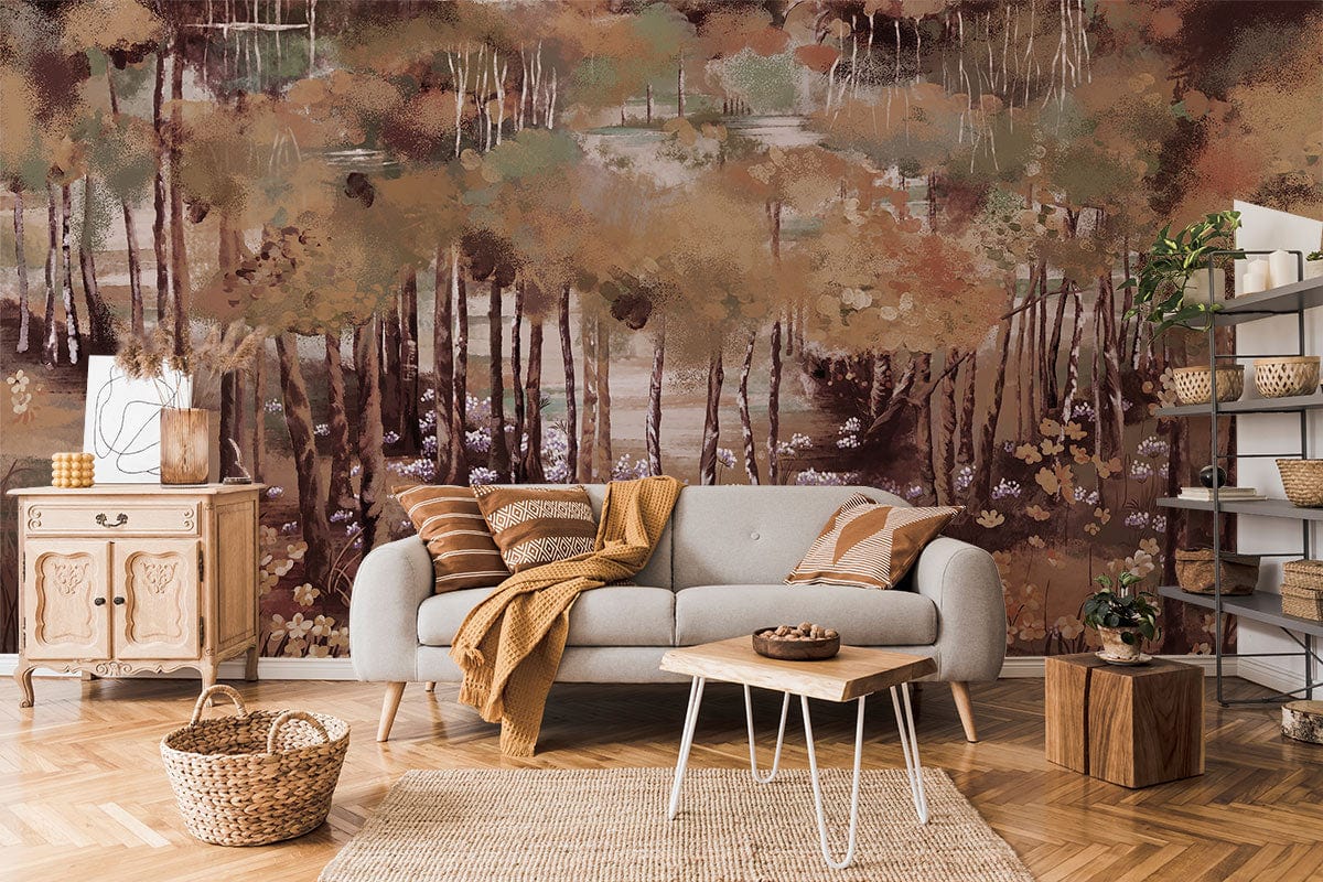 Autumn Forest Mural Wallpaper with neutral sofa, parquet flooring, wooden shelves, and earthy decor in living room.