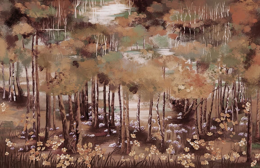 Autumn Forest Mural Wallpaper: Earthy Tones, Tranquil Woodland Landscape Design