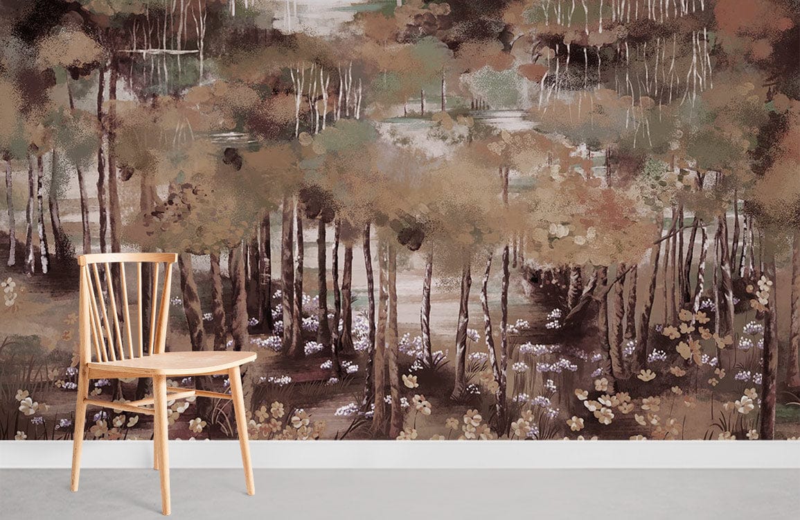 Autumn Forest Mural Wallpaper with earthy tones behind a wooden chair on grey floor.