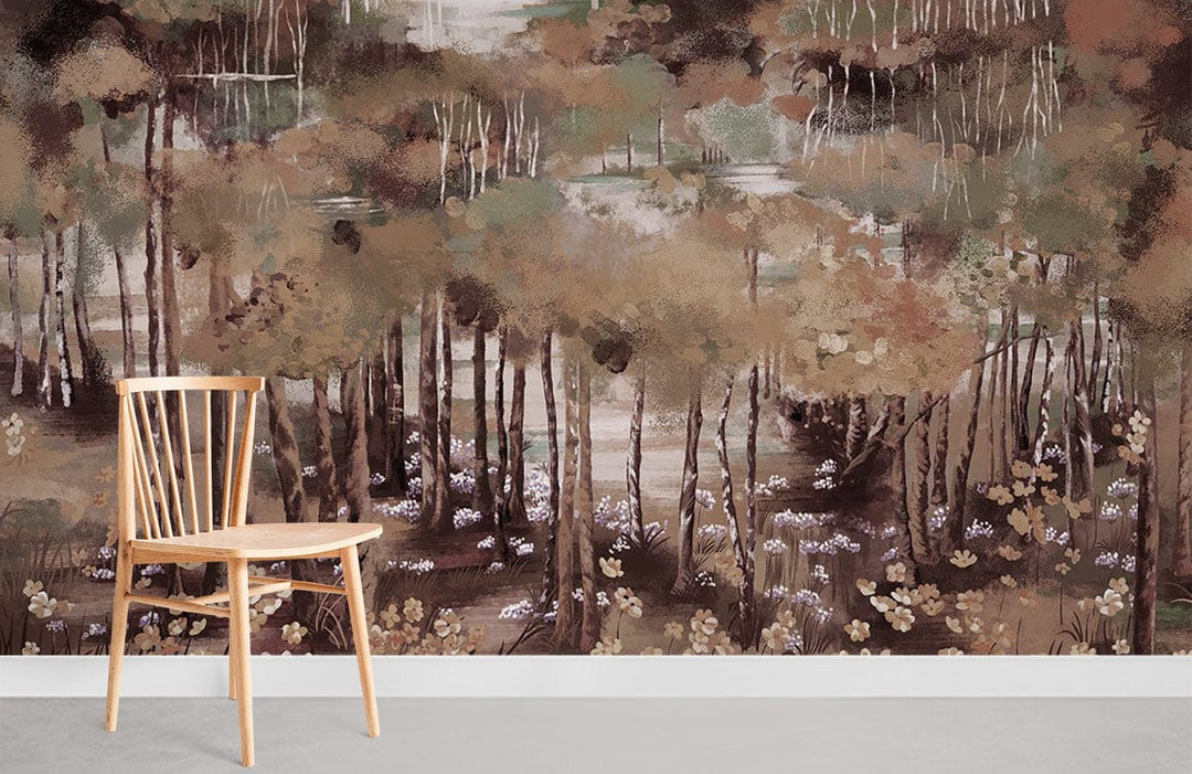 Autumn Forest Mural Wallpaper with earthy tones behind a wooden chair on grey floor.