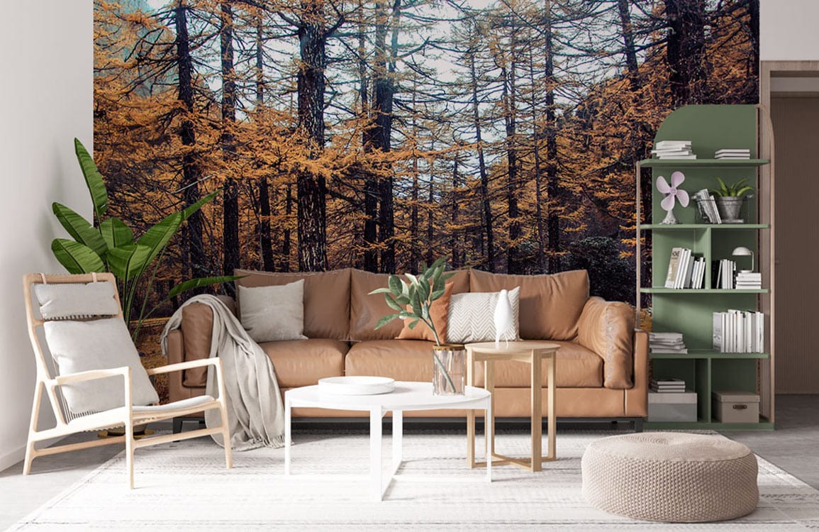 Autumn forest wallpaper with golden hues in a rustic living room; tan sofa, green bookshelf, wooden chair.
