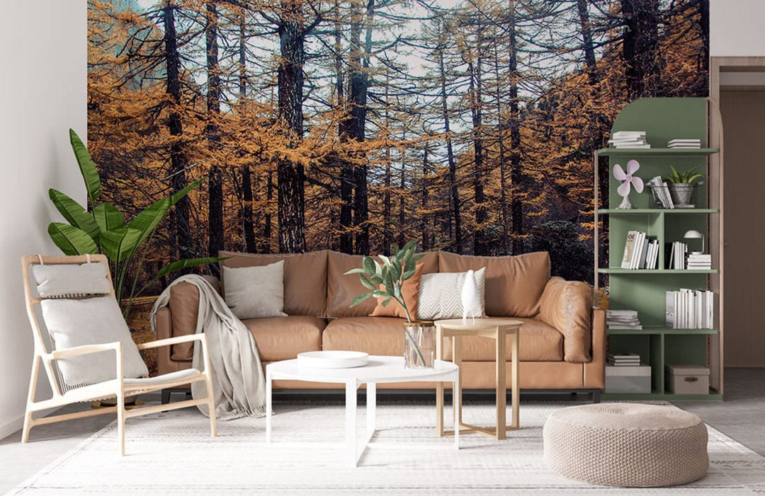 Autumn forest wallpaper with golden hues in a rustic living room; tan sofa, green bookshelf, wooden chair.