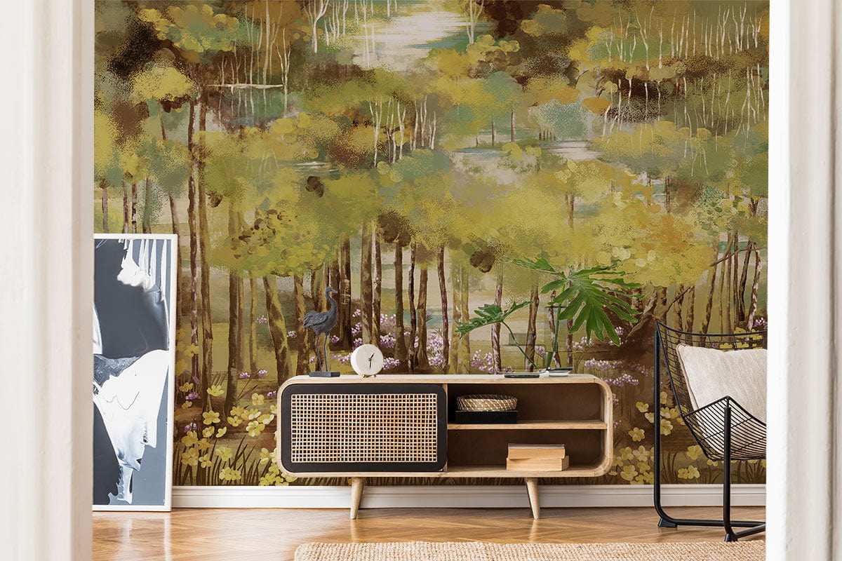 Enchanted Woodland Forest Mural Wallpaper with vintage sideboard, natural wood flooring, contemporary art decor.