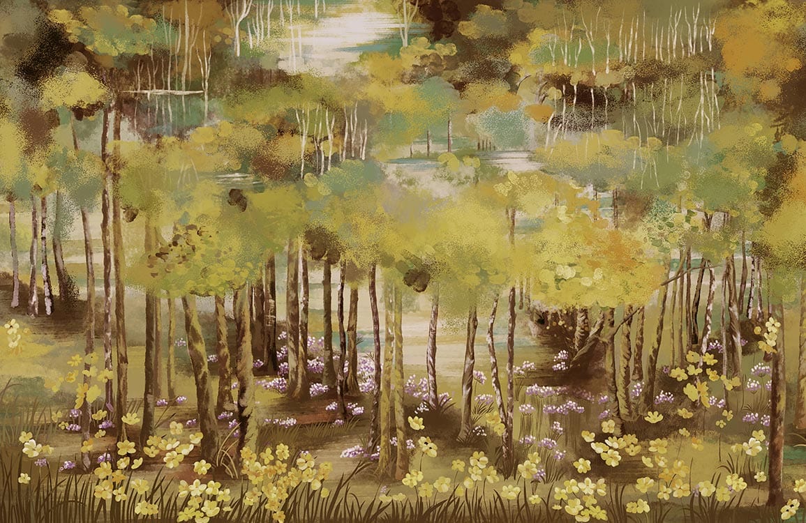 Enchanted Woodland Forest Mural Wallpaper with Lush Greenery and Floral Serenity