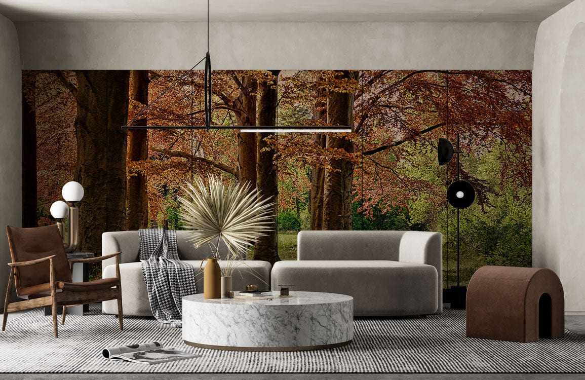 Autumn Forest Vibes wallpaper, earthy hues, modern living room, grey sofa, marble table, textured flooring.
