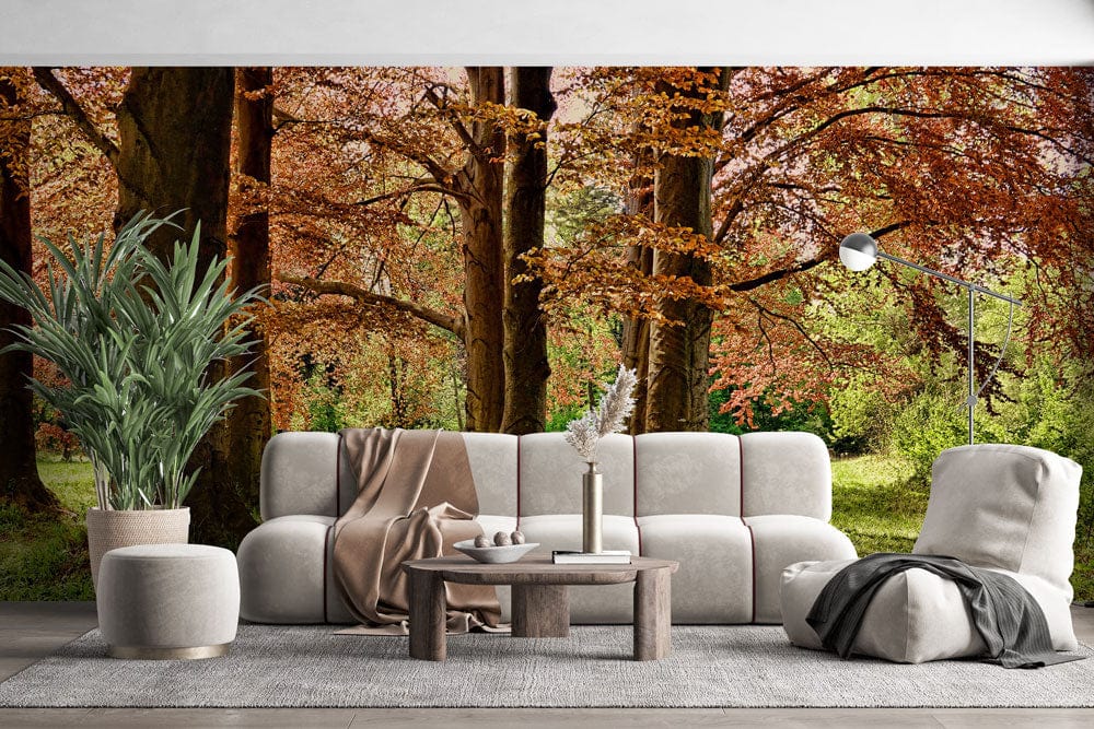 Autumn Forest Vibes mural with earthy hues; beige sofa; grey rug; modern living room setting.