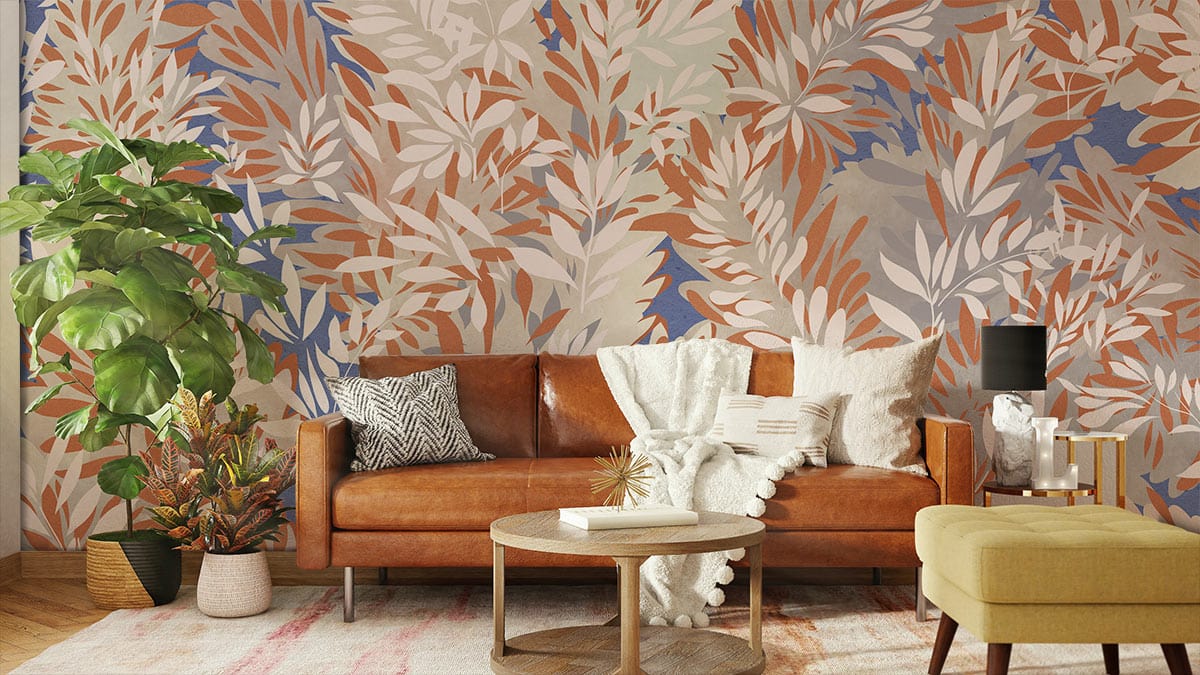 Rustic Autumn Botanical Leaf Pattern Wallpaper, earthy tones, blue; leather sofa, wooden flooring, living room.