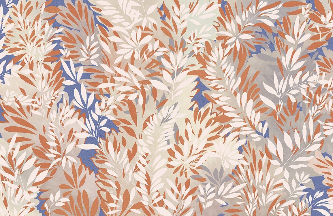 Rustic Autumn Botanical Leaf Pattern Wallpaper in Earthy Tones and Blue