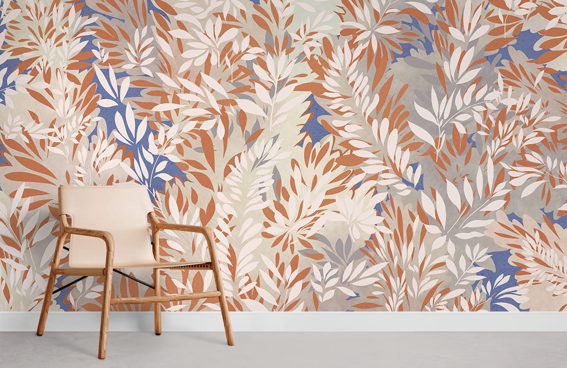 Rustic botanical leaf wallpaper with earthy tones, blue accents, and a minimalist wooden chair in room.