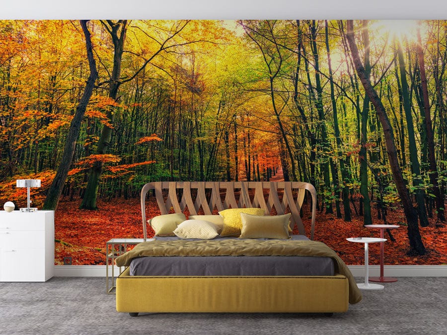 Vibrant Autumn Forest Mural Wallpaper with Sunlight, modern bedroom, yellow sofa, grey flooring, white walls.
