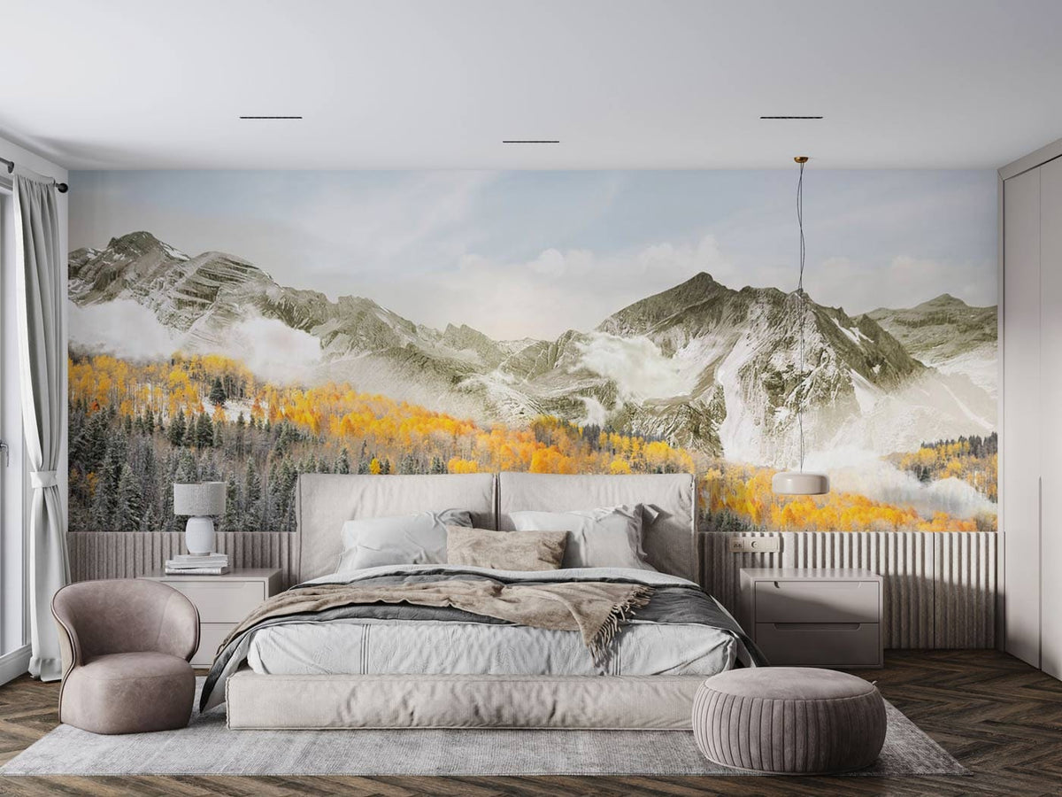 Mountain landscape mural wallpaper in modern bedroom, neutral tones, autumn colours, snowy peaks, elegant design.