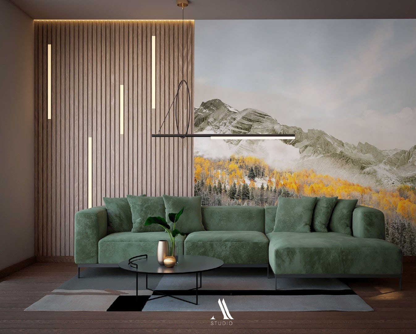 Mountain Landscape Mural Wallpaper with Autumn Colours and Snowy Peaks ...
