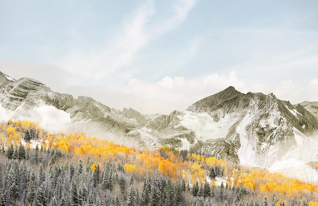 Mountain Landscape Mural Wallpaper with Autumn Colours and Snowy Peaks Scenic Design