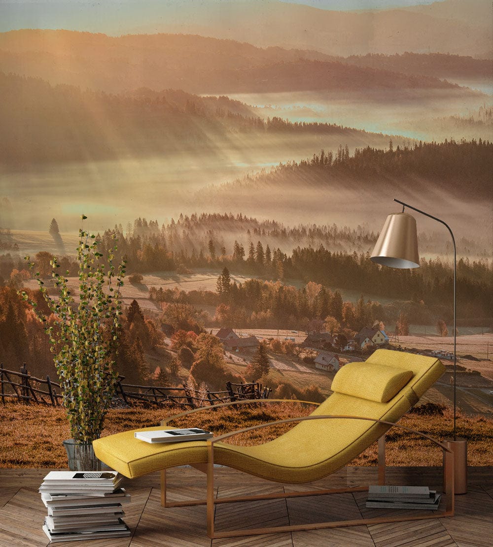 Serene Sunrise Misty Valley Mural Wallpaper with yellow modern chaise longue and wooden flooring.