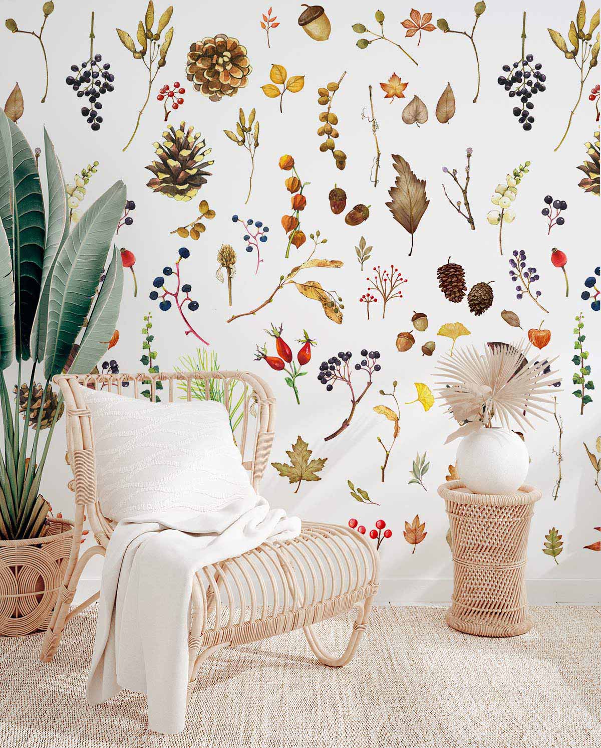 Autumn Botanical Pattern Wallpaper showcases earthy tones with wicker chair in cosy living room setting.