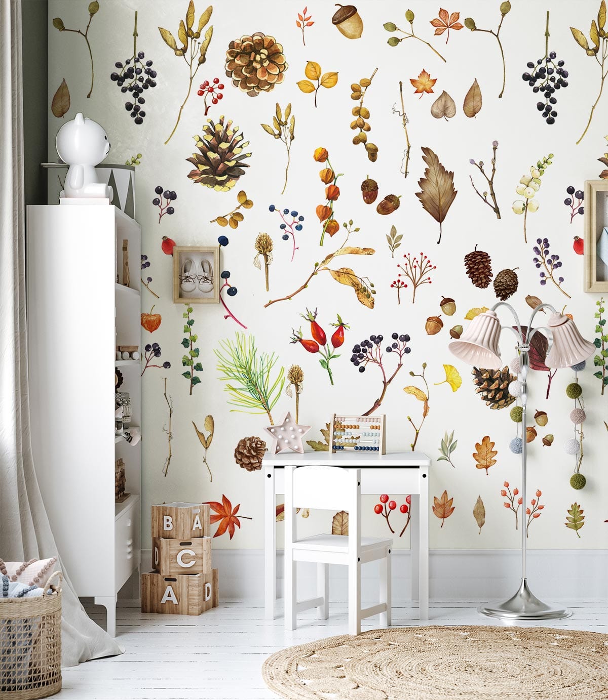 Autumn botanical wallpaper with earthy tones, white shelving, children's desk, and natural style decor.