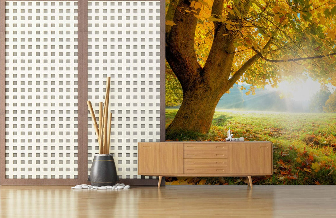 Golden Autumn Sunrise Mural Wallpaper, vibrant landscape, elegant wooden sideboard, light wooden flooring, serene ambience.