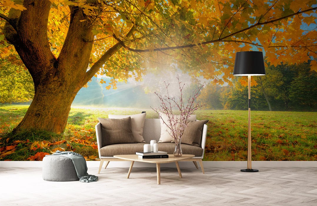 Golden Autumn Sunrise Mural Wallpaper in living room with grey pouffe, modern sofa, and floor lamp.