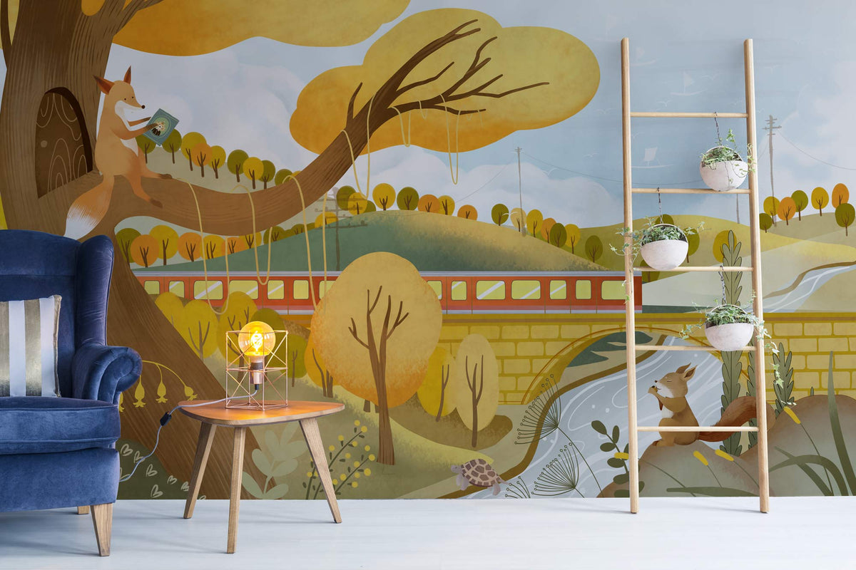 Whimsical fox, train mural in cosy room; blue velvet sofa, wooden floor, ladder shelf, autumn decor.