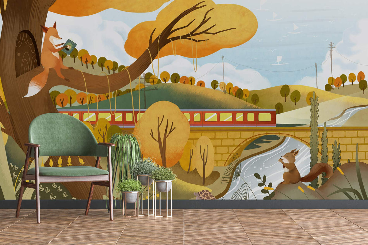 Autumn Woodland Adventure Mural Wallpaper features whimsical fox, train scene; green chair, tiled floor.
