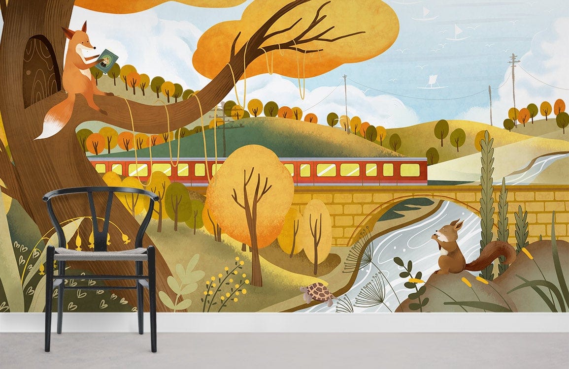 Autumn Woodland wallpaper featuring whimsical fox, train scene, black chair, modern room with grey flooring.