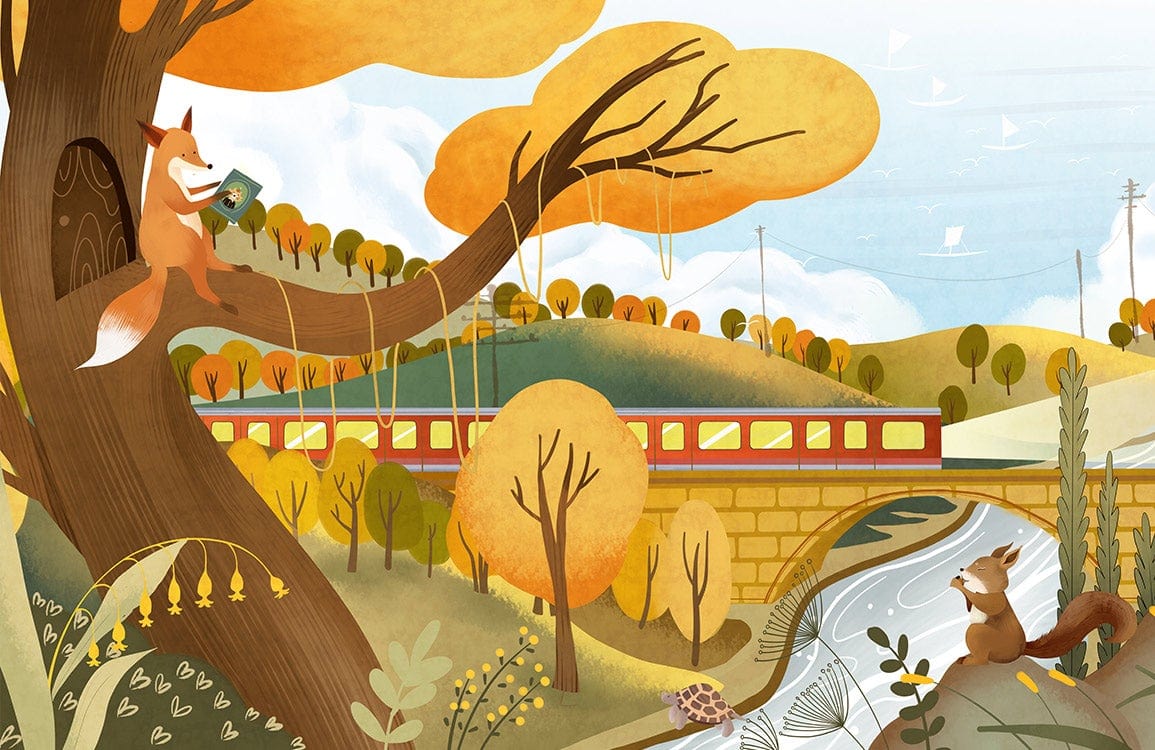 Autumn Woodland Adventure Mural Wallpaper - Whimsical Fox and Train Scene