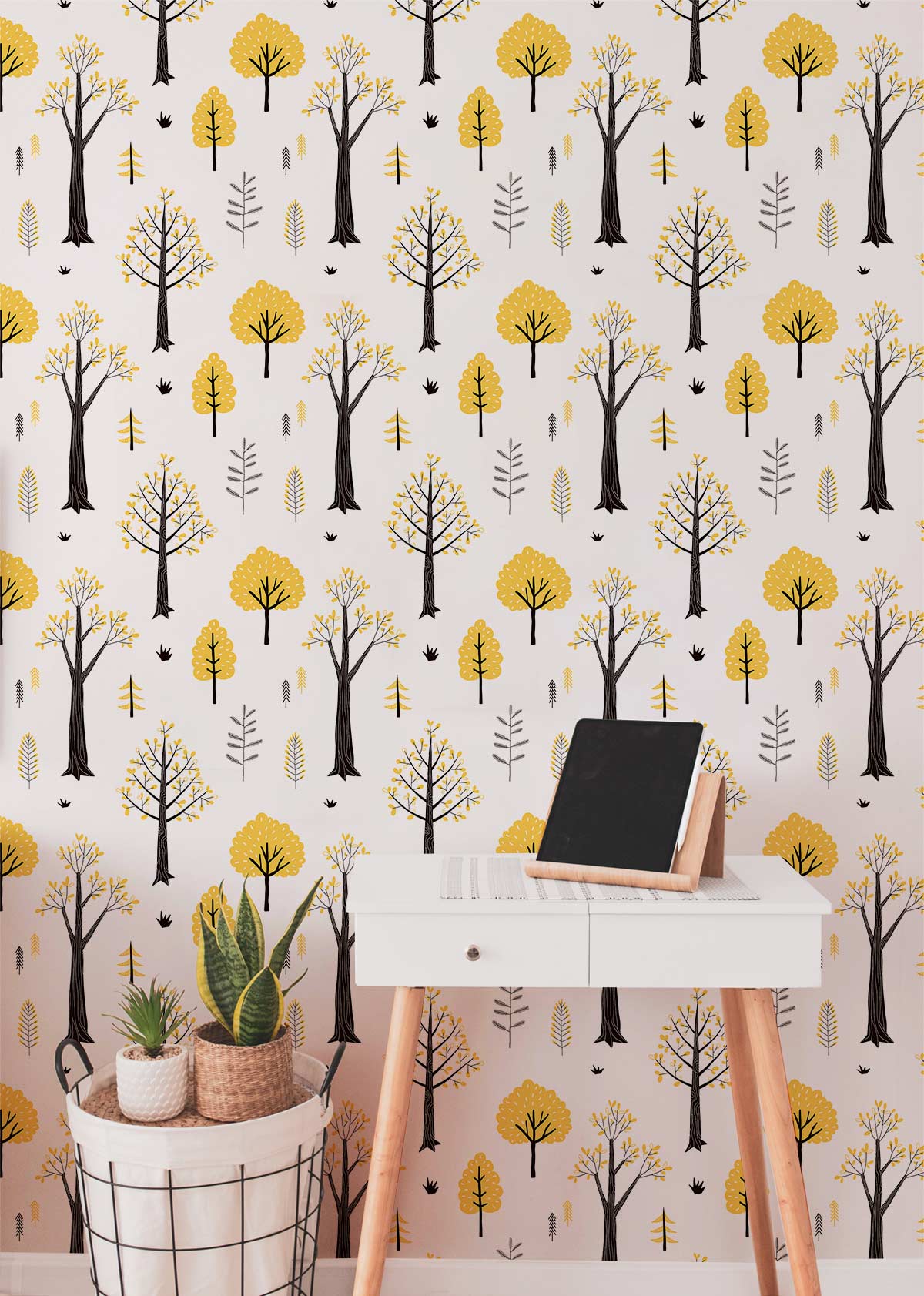 Charming Autumn Trees wallpaper; yellow and grey tones; white desk; living room setting.