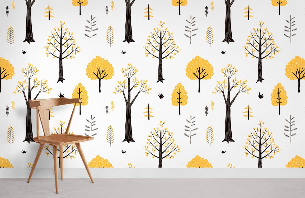 Charming autumn trees wallpaper in yellow and grey with wooden chair; modern room interior design.