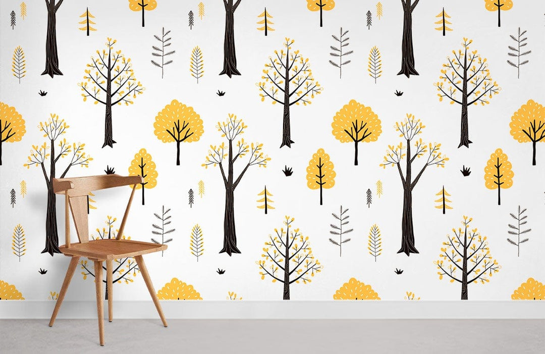 Charming autumn trees wallpaper in yellow and grey with wooden chair; modern room interior design.