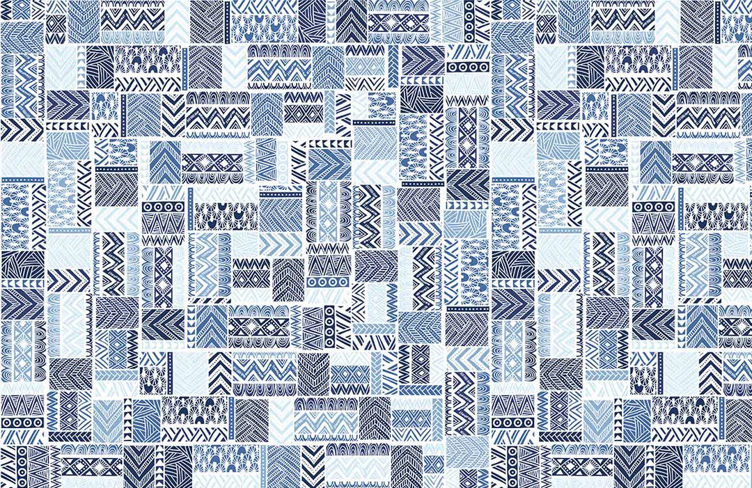 Contemporary Blue Geometric Tribal Pattern Repeat Wallpaper for Modern Interiors