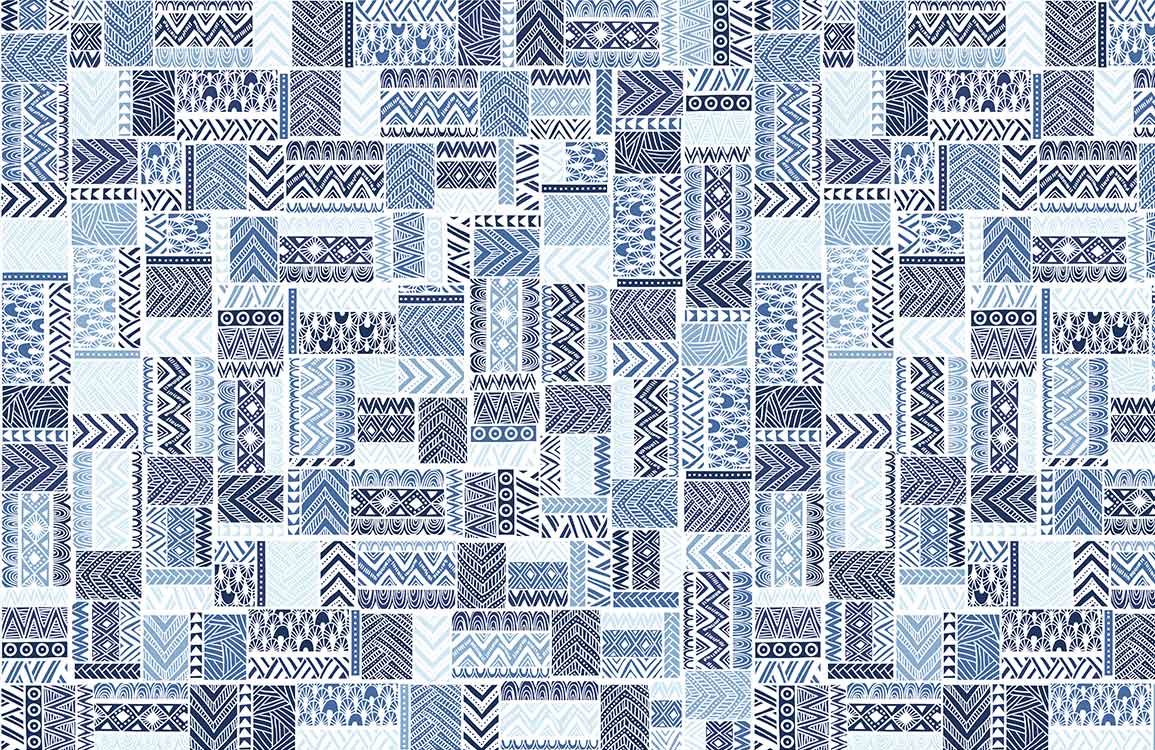 Contemporary Blue Geometric Tribal Pattern Repeat Wallpaper for Modern Interiors