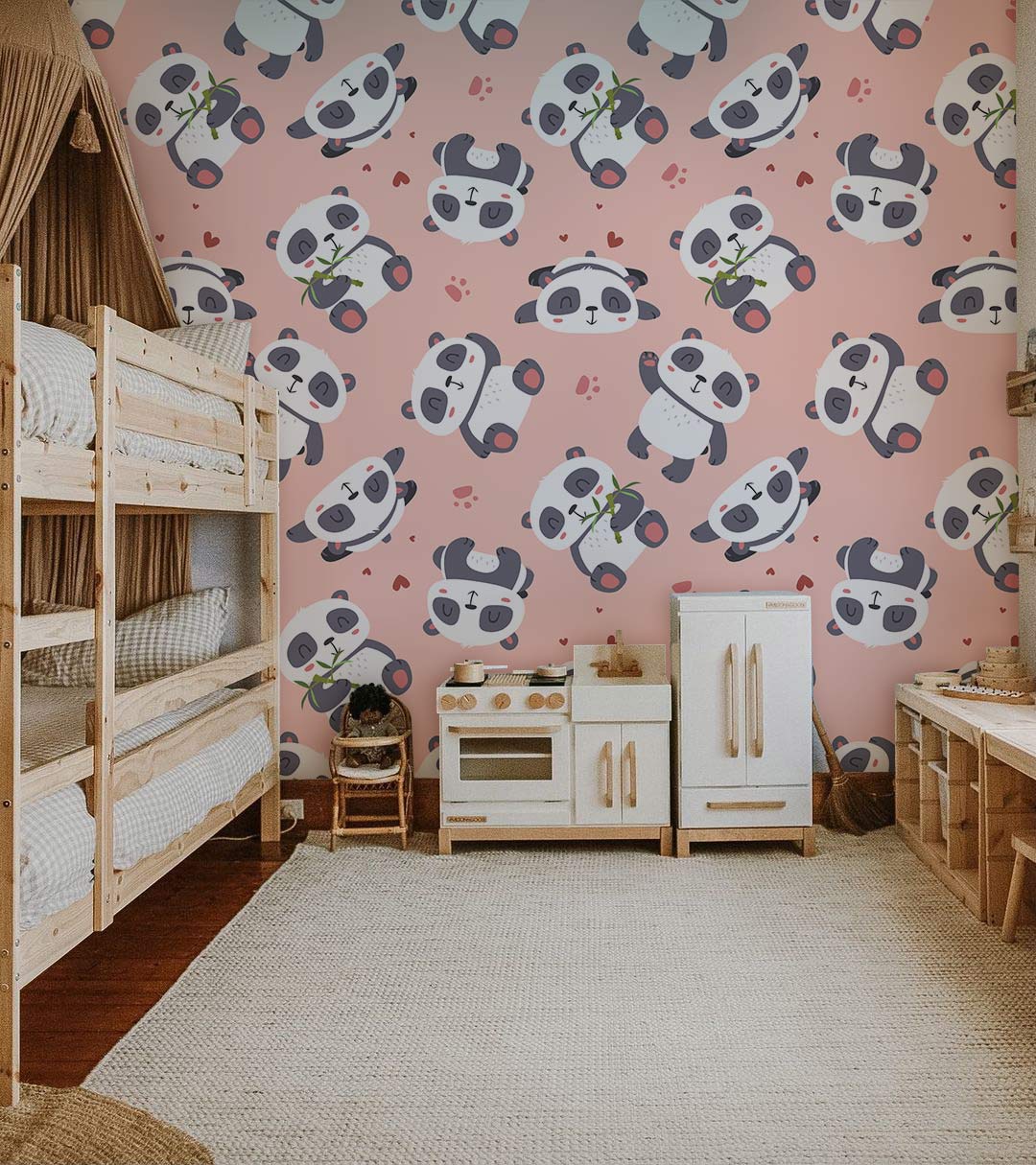 Adorable Panda Pastel Pink Nursery Wallpaper with wooden bunk beds and play kitchen in child's room.